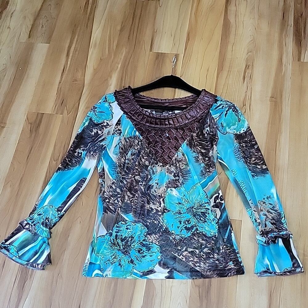 Y2K Turquoise Floral Mesh Top Braided Brown Faux Leather Yoke Bell Sleeve Blouse